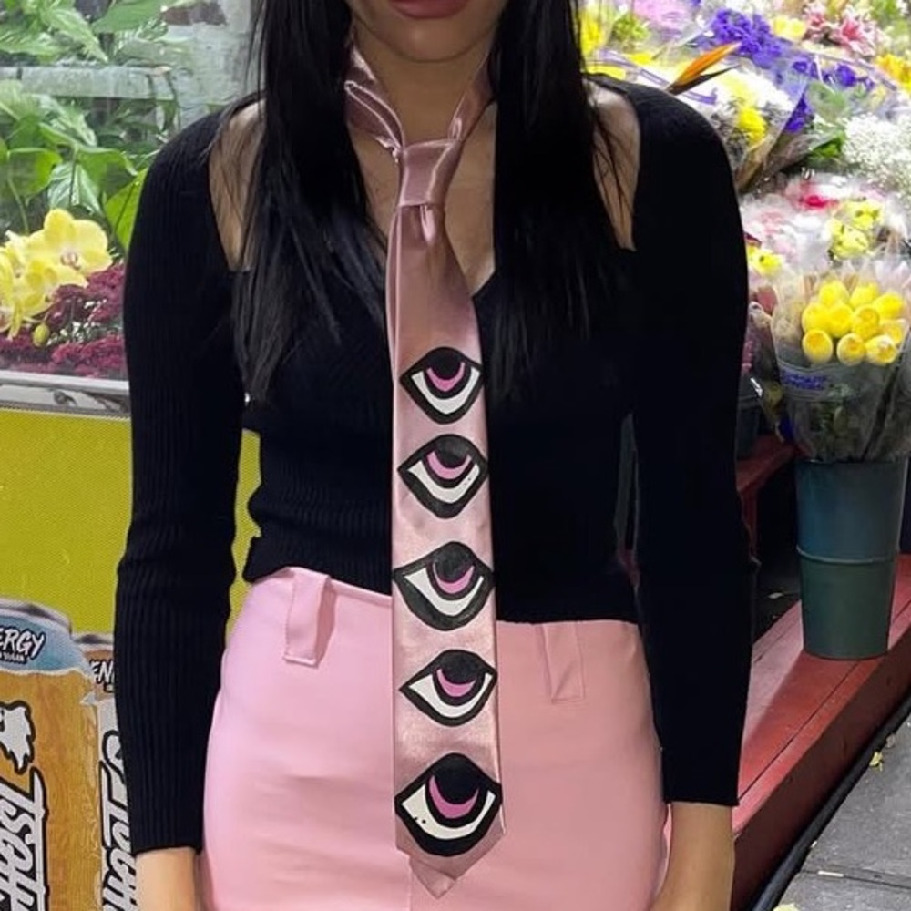 Hand painted pink satin eye tie